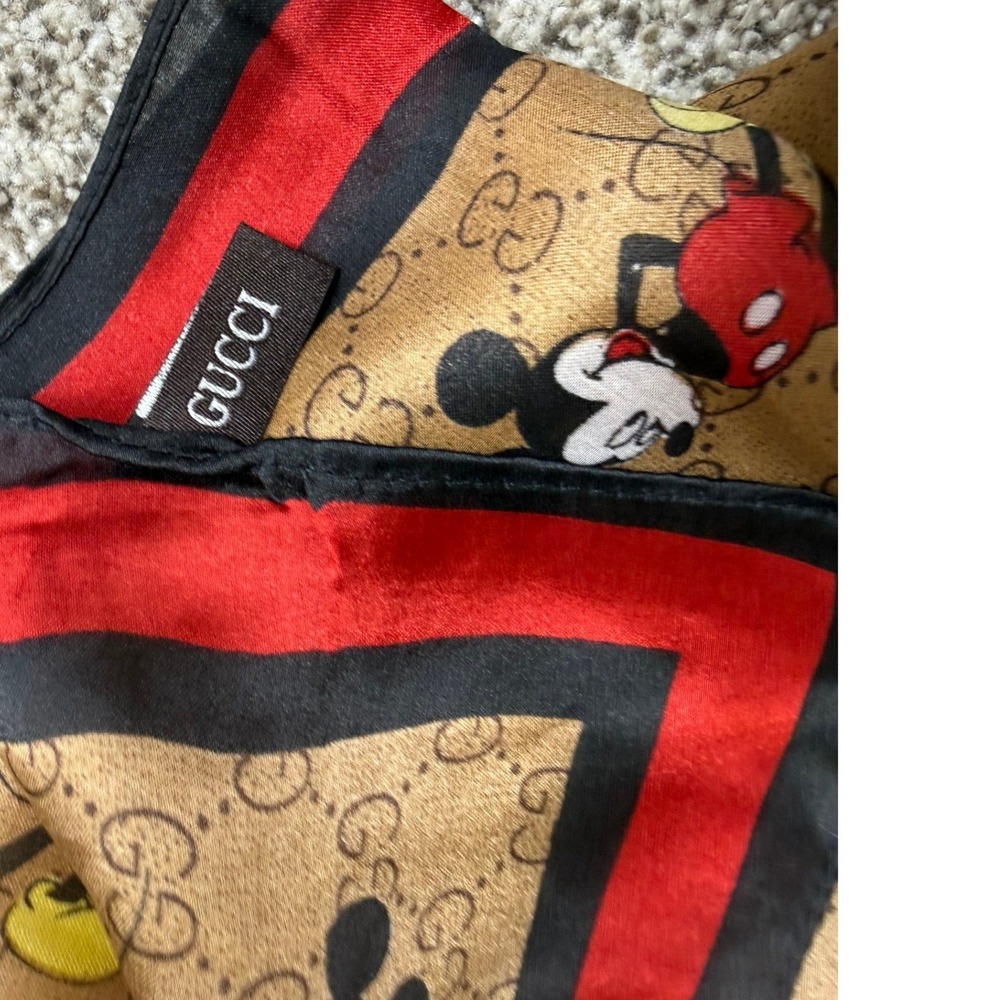 Gucci x Disney Mickey Mouse Silk Scarf GG Monogram Large Shawl Brown 70x30 - Picture 6 of 6